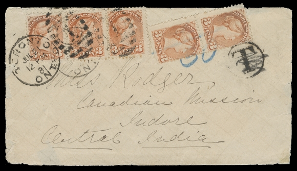 CANADA  India,1881 (July 21) Cover from Toronto to Indore, Indian Feudatory State; edge wear with small tears not affecting stamps. Initially franked with strip of three of the 3c orange Montreal printing perf 11½x12 tied by Toronto duplex, shortpaid the 15 cent special rate - consisting of 5c UPU letter rate + 5c UPU surtax for lengthy sea transit and an additional 5c surtax for "extraordinary services" for mail carried to India via Brindisi. Post office applied the  "T" due marking and blue crayon "30" (centimes) equivalent to 6 cents, a vertical pair of 3c orange Montreal printing perf 12 was affixed after the sender was called back; London AU 2 81 transit, Sea Post Office AUG 11 and Indore AUG 23 arrival backstamps. A spectacular route - rate - destination combination, Fine (Unitrade 37, 37iii) Provenance: George Arfken, May 1997, Lot 1130                    Ted Nixon, March 2012; Lot 180Literature: Illustrated and discussed in Arfken "Canada