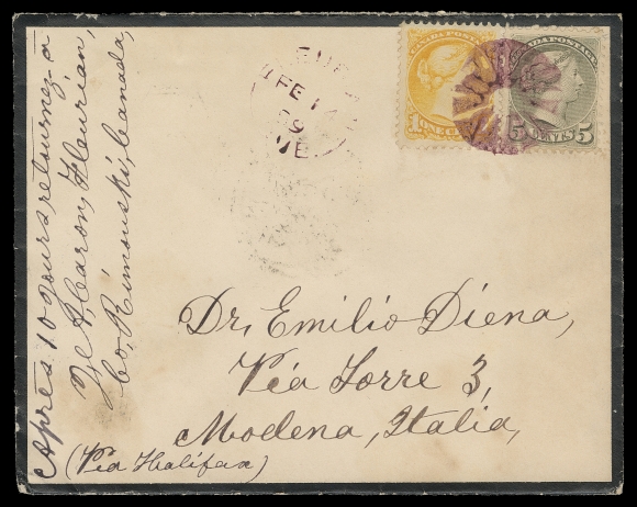 CANADA  Italy,1889 (February 14) Mourning cover bearing 1c yellow and 5c olive green Montreal printing perf 12 tied by superb radial cancellation IN PURPLE, same-ink Fleurian, Que split ring dispatch at centre (name change to St. Gabriel de Rimouski in 1895), addressed to Dr. Emilio Diena (famous philatelist), partial Italian receivers on back. Most striking, VF (Unitrade 35i, 38)