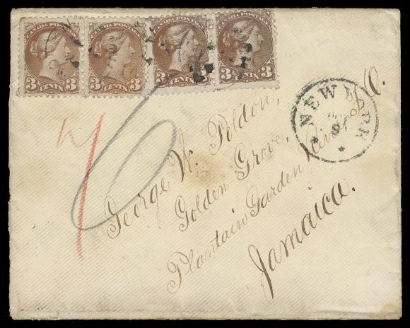 CANADA  Jamaica,1874 (September 28) Amber cover from Norwich, Ont. to Plaintain Garden River, Jamaica, bearing two pairs of 3c red Montreal printings perf 11½x12, right pair lightly oxidized, cancelled by legible Norwich split rings - enough postage to embark on the monthly British Packet from Halifax (at 12 cent per half ounce) or the weekly US Packet from New York (at 10 cent per half ounce). Routed via New York with OCT 9 transit CDS likely for faster service; red US "7" (cent) claim and "6" (penny) Jamaican due. Backstamped Woodstock SP 28, two different Jamaican receivers, F-VF; 2002 RPS of London cert. (Unitrade 37e) ex. George Arfken (May 1997; Lot 1154)