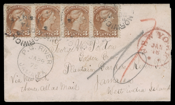 CANADA  Jamaica,1874 (December 28) Small pink cover in clean condition to Plaintain Garden River, Jamaica, bearing strip of four of 3c red Montreal printing perf 11½x12, perfs clipped at top, tied by clear Norwich, Ont. DE 28 74 split ring dispatch; envelope slightly reduced at right. Routed via New York with JAN 18 transit CDS; red crayon "7" (cent) credit to the US and "6" (penny) Jamaican due to collect. Woodstock, Hamilton and Kingston Jamaica transit backstamps, neat P.G. River JA 29 75 CDS on obverse. A lovely pre-UPU cover, F-VF (Unitrade 37e) Provenance: John Ayre, February 1982; Lot 664                   George Arfken, May 1997; Lot 1157                   S.J. Menich, June 2000; Lot 197The 12 cents franking allowed it to be sent via the two possible routes: 1) on the monthly British Packet from Halifax at 12c per half ounce, or 2) on the weekly US Packet from New York at 10 cent per half ounce. The cover was routed via US Packet New York - Bahamas - Cuba - Jamaica. 