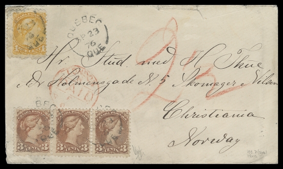 CANADA  Norway,1876 (September 23) Clean cover mailed from Quebec to Christinania, Norway, bearing an unusual franking for the 10 cents per half ounce pre-UPU letter rate (effective Oct. 1875 to end of July 1878), consisting of single 1c orange and strip of three 3c red Montreal printings perf 11½x12, tied by Quebec split rings, strip lightly oxidized and further tied by London Paid CDS in transit along with red crayon British "2½" claim of the postage; pencil signed by expert Peter Holcombe with his certificate. A very scarce and most attractive pre-UPU Small Queen cover to Norway, VF (Unitrade 35d, 37e)