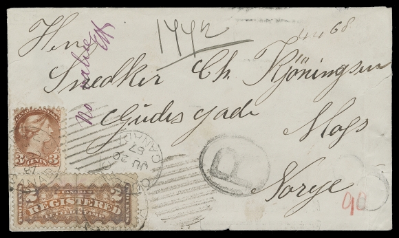 CANADA  Norway,1887 (June 20) Cover to Norway paying the 5 cent UPU letter rate with a single 3c red and a faulty 2c RLS - an attempt to use the 2c RLS to pay postage. Put in a drop box with manuscript "Found in the drop box", stamps nicely tied by clear Quebec duplex datestamps treating the letter as registered mail until no valuables were found inside after being forwarded to the Canada Dead Letter Office, therefore "no value" was indicated in manuscript and initialed. Apparently the addressee was not found so returned via the U.K. with bilingual instructional marking "Returned to England without a reason for non-delivery" being applied, handstamped "3" at right indicating 3 cent to collect for a returned letter. A striking, unusual Registered Letter Stamp cover with much character, F-VF (Unitrade 37, F1)

Provenance: George Arfken, May 1997; Lot 1205
                   S.J. Menich, June 2000; Lot 215

Literature: Cover described in length along with illustration of the instructional marking in Arfken "Canada and the Universal Postal Union" handbook on page 49 (Figure 3-12)