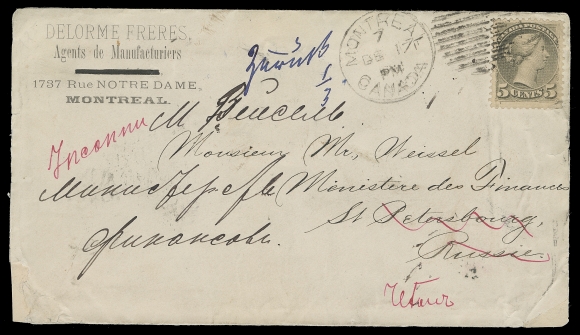CANADA  Russia,1886 (December 17) Delorme Freres Agents de Manufacturiers  advertising cover bearing a single 5c dull olive Montreal  printing perf 12 tied by Montreal duplex, mailed to St.  Petersburg, Russia, redirected twice with two redirection printed slips affixed on reverse with Cyrillic annotations documenting  attempts at delivery, returned to Canada where it entered the  Dead Letter Office on AP 20 1887 with receiver DLO on reverse;  couple cover repairs in lower corners and minor wrinkles, a  well-travelled cover to a rarely seen Small Queen era  destination, Fine+ (Unitrade 38) ex. George Arfken (May 1997, Lot 1212), Ted Nixon (March 2012; Lot 223)Literature: Illustrated and discussed in Arfken "Canada and the  Universal Postal Union" handbook on pages 47-48 (Figure 3-11).