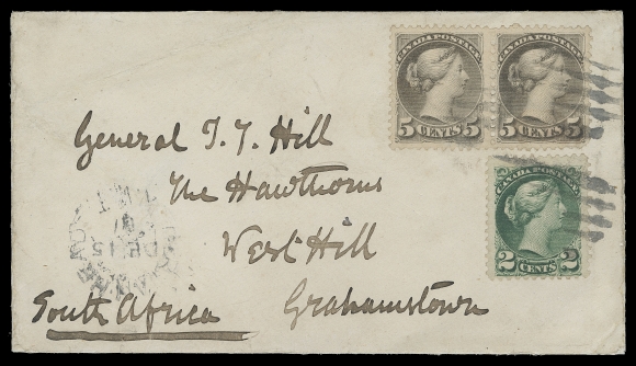 CANADA  Cape of Good Hope,1891 (December 15) A remarkable cover originating from the North  West Territories, bearing a beautiful franking composed of a  single 2c green together with a pair of 5c grey, Ottawa printings  perf 12, tied by mute grid cancels, legible Indian Head, N.W.T.  DE 15 91 split ring dispatch at left, addressed to General J.T.  Hill, Grahamstown, Cape of Good Hope; on reverse Cape Town JA 22  transit and Grahams Town JA 24 92 CDS receiver. An impressive 12  cent non-UPU letter rate, which was in effect for only 24 months, January 1890 to end of December 1891. A wonderful cover perfect  for a serious collection, VF; 2000 RPS of London cert. (Unitrade  36i, 42)Provenance: George Arfken, May 1997; Lot 1216                   S.J. Menich, June 2000; Lot 234Literature: Illustrated and described in Arfken "Canada