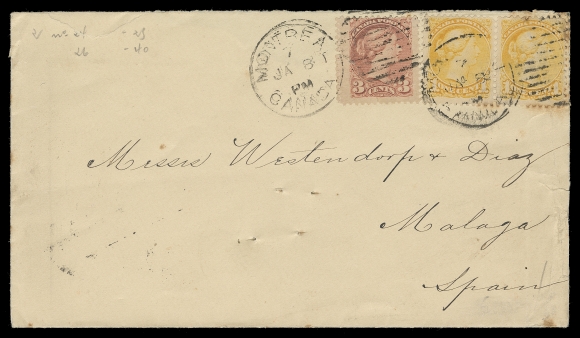 CANADA  Spain,1889 (January 8) Envelope from Montreal to Malaga, Spain bearing pair of the 1c yellow and a large margined 3c rose carmine Montreal "Gazette" printing perf 12x12¼ tied by Montreal duplex, partial Malaga 25 ENE 95 receiver on back; some faults but Fine appearing, a rarely seen Small Queen destination, Fine (Unitrade 35, 41a)After studying the Simpson, Arfken, Menich and Cantor auctions we were unable to find a Small Queen cover, in any period, going to Spain.