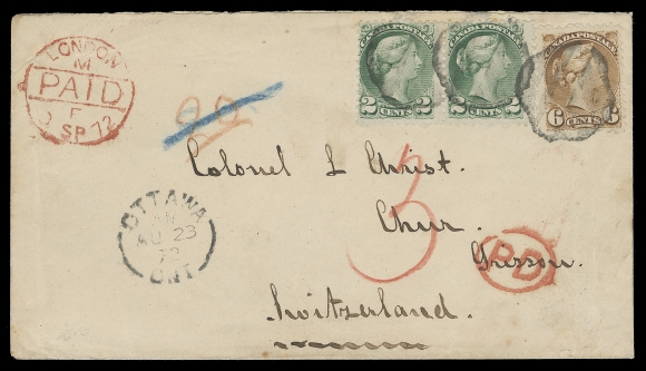 CANADA  Switzerland,1872 (August 23) A lovely cover from the Colonel Ludwig Christ correspondence mailed from Ottawa to Chur, Switzerland, bearing First Ottawa printing 2c dark green pair and a 6c yellow brown, tied by unusual fancy segmented cork cancels, split ring dispatch at left, oval "PD" handstamp in red; British "3" claim and "20" in red crayon, London Paid 3 SP 72 CDS in red, Chur 5.IX.72 CDS receiver backstamp, a very attractive 10 cent pre-UPU letter rate to Switzerland, VF (Unitrade 36 & 39 early printings)Routed via England & Belgium to avoid the higher French transit fees.A similarly franked "Christ" cover to Switzerland sold in S.J. Menich, June 2000 auction - Lot 238 for US$2875