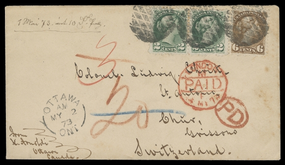 CANADA  Switzerland,1873 (May 2) A visually striking cover from the Colonel Ludwig Christ correspondence mailed from Ottawa to Chur, Switzerland, bearing a beautiful franking of Montreal printings 2c deep green pair and 6c yellow brown, all well centered and tied by well-defined segmented cork cancellations, split ring dispatch at left, oval "PD" handstamp in red; British "3" claim and "20" accountancy mark in red crayon, London Paid 14 MY 72 circular datestamp in red, Chur 16.V.73 CDS receiver backstamp. A very appealing and choice pre-UPU cover to Switzerland, VF+ (Unitrade 36e & 39b)Routed via England & Belgium and rated 10 cent per half ounce, to avoid the higher French transit fees which ranged from 14c to 24c for a letter weighing between a quarter and a half ounce.Provenance: George Arfken, May 1997; Lot 1227
