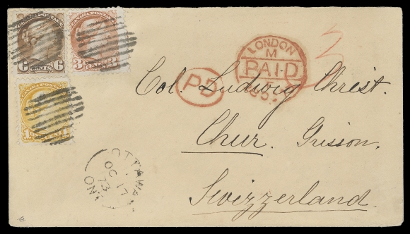 CANADA  Switzerland,1873 (October 17) An extraordinary cover from the Colonel Ludwig  Christ correspondence mailed from Ottawa to Chur, Switzerland,  bearing three different Montreal printing perf 11½x12 stamps - 1c orange yellow, 3c orange and 6c yellow brown, attractively positioned at upper left, tied by unusual cork grid cancels,  Ottawa OC 17 73 split ring dispatch, oval "PD" handstamp in red;  British "3" claim in red crayon, London Paid 28 OC 72 circular  datestamp in red, on reverse a neat Chur 30.X.73 CDS struck on  arrival. A great cover that will stand out in anyone