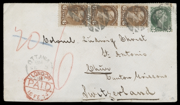 CANADA  Switzerland,1874 (February 5) White envelope in exceptionally fresh condition from the Colonel Ludwig Christ correspondence, displaying a rare and striking double pre-UPU letter rate, mailed from Ottawa to Chur, Switzerland and franked with Montreal printings 2c deep green and strip of three of 6c yellow brown, all perf 11½x12, tied by neat geometric segmented cork cancellations, split ring dispatch at left; lower backflap missing. British "6" claim and "20" accountancy mark in red crayon, London Paid 19 FE 74 CDS in red, Chur 21.II.74 CDS receiver backstamp. A most impressive double weight letter to Switzerland (10 cent per half ounce via England & Belgium), most covers known to Switzerland from this period are single-weight; a wonderful exhibit-calibre cover, VF+ (Unitrade 36e & 39b)Provenance: Gerald Wellburn and privately acquired by Art Leggett who sold it to George Arfken in 1983.                   George Arfken, May 1997; Lot 1230                   S.J. Menich, June 2000; Lot 239Literature: Illustrated and discussed in Arfken "Canada