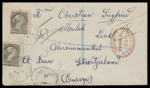 CANADA  Switzerland,1894 (February 19) Clean cover bearing two 5c grey Ottawa printing perf 12, minute perf toning, tied by clear West Lorne, Ont. CDS, mailed registered to Switzerland, oval Registered London 3 MR 94 datestamp in red; three different transits along with Lenk 5.III.94 receiver backstamps. An appealing and scarce UPU registered cover to Switzerland, VF (Unitrade 42)