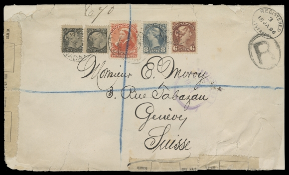 CANADA  Switzerland,1896 (January 7) Large envelope displaying an impressive 35 cent rate consisting of ½c pair, small faults, 6c red brown, 8c bluish slate and 20c Widow Weeds, mailed registered to Geneva, Switzerland with oval Registered Liverpool 18 JA 96 and London 19 JA transits, Geneva receiver backstamp. Peripheral faults from heavy content, which resulted in officially sealed stamps being affixed upon arrival in England. A most unusual high value franking especially rare with the 20c Widow Weeds to a foreign country, Fine (Unitrade 34, 43, 44a, 46) ex. Ted Nixon (March 2012; Lot 287)