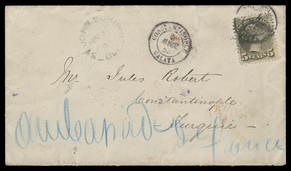 CANADA  Turkey,1883 (March 10) Cover mailed to Turkey franked with a Montreal printing 5c dark olive green perf 12, tied on arrival by Constantinople 4 AVRL CDS, light St. John Suburb, Que split ring dispatch at left; backstamped transits of Quebec, London, then forwarded to Athens before sending back to British Post Office at Constantinople AP 1 arrival CDS. A very scarce destination, F-VF (Unitrade 38)