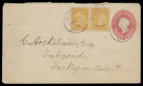 CANADA  Turkey in Asia,1890 (March 17) 3c Red postal envelope uprated with a pair of 1c yellow Ottawa printing perf 12 tied by Barrie duplex, no backstamp; pays the 5 cent per half ounce UPU letter rate to Treizonde (now Trabzon), Turkey in Asia, a very unusual destination, VF (Unitrade 35, EN4)