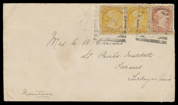 CANADA  Turkey in Asia,1894 (June 2) Cover from Galt, Ont. to Tarsus, Turkey in Asia, bearing well centered Ottawa printing 1c yellow pair and single 3c bright vermilion perf 12, tied by light Galt squared circles for 5 cent UPU letter rate; Hamilton, Constantinople and Mersine backstamps, F-VF (Unitrade 35, 41)