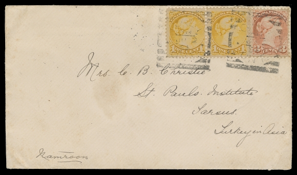 CANADA Turkey in Asia,1894 (June 2) Cover from Galt, Ont. to Tarsus, Turkey in Asia, bearing well centered Ottawa printing 1c yellow pair and single 3c bright vermilion perf 12, tied by light Galt squared circles for 5 cent UPU letter rate; Hamilton, Constantinople and Mersine backstamps, F-VF (Unitrade 35, 41)