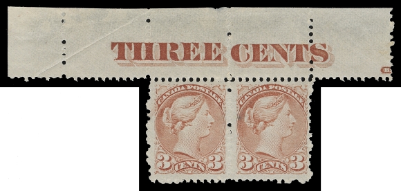 CANADA  37a,Positional mint pair showing complete THREE CENTS counter imprint in the top margin, stamps are Pos. 2 & 3 in the sheet, quite well centered for the issue with exceptional colour and impression; diagonal crease in margin away from imprint, both stamps with remarkably full, dull, white original gum NEVER HINGED. A great item, F-VF NH (Unitrade cat. as singles only) ex. Bill Simpson (Part IV, March 1997; Lot 1203)