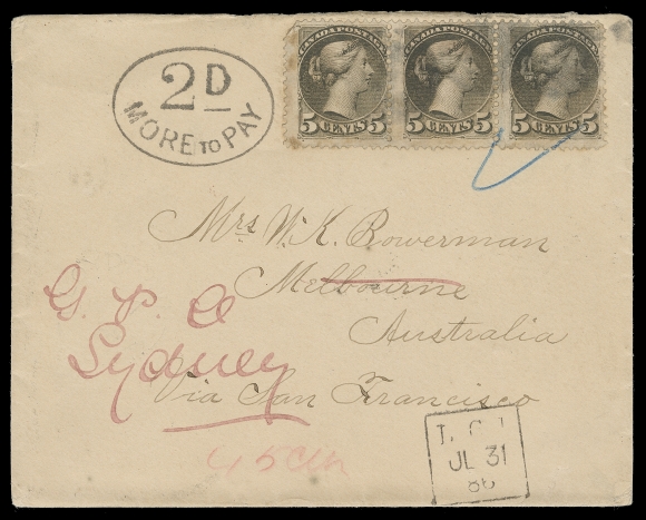 CANADA  Victoria,1886 (July 7) Cover addressed to Melbourne (Victoria) Australia bearing a lightly cancelled Montreal printing strip of three 5c dark olive green, two with minor flaws, faint Lloydtown, Ont split ring dispatch. Paying the 15 cent non-UPU letter rate to Victoria State, via the US. San Francisco transits and Melbourne receiver backstamps; redirected to Sydney, New South Wales with oval "2d More to Pay" due marking as redirection fee between non-UPU countries, F-VF (Unitrade 38i)