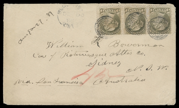 CANADA  New South Wales,1886 (December 10) Cover from Bloomfield, Ont. to Sydney, NSW,  Australia, endorsed "via San Francisco, franked with strip of  three of 5c dull olive green shade, perf 12 tied by concentric  rings, split ring dispatch at left, paying the 15 cent non-UPU  letter rate to New South Wales, via the US (effective until  December 1888). An attractive cover to the  Australian States,  displaying clear backstamps of Windsor DE 10, two different San  Francisco transits and Sydney JA 13 87 receiver, F-VF (Unitrade  38)