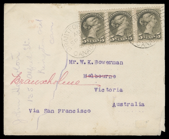 CANADA  Victoria,1887 (September 15) A fresh white cover mailed to Melbourne, Victoria State (Australia), slightly reduced at right, bearing a choice horizontal strip of three 5c brownish olive, Montreal printing, perf 12, tied by clear Brantford duplex datestamps, via San Francisco with SEP 22 and SEP 23 transits, Melbourne OC 19 receiver backstamps. An attractive 15c non-UPU letter rate to Victoria State, VF (Unitrade 38) 