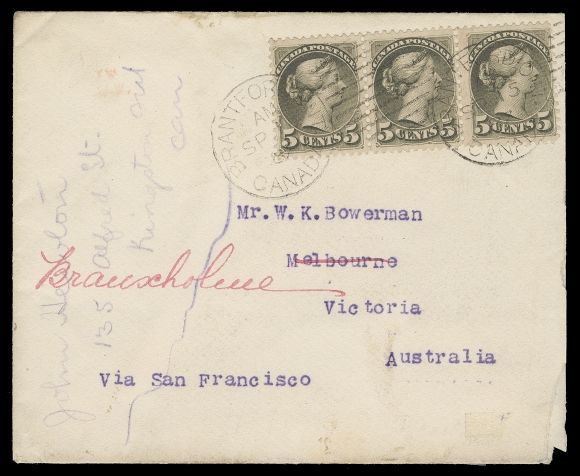 CANADA Victoria,1887 (September 15) A fresh white cover mailed to Melbourne, Victoria State (Australia), slightly reduced at right, bearing a choice horizontal strip of three 5c brownish olive, Montreal printing, perf 12, tied by clear Brantford duplex datestamps, via San Francisco with SEP 22 and SEP 23 transits, Melbourne OC 19 receiver backstamps. An attractive 15c non-UPU letter rate to Victoria State, VF (Unitrade 38)