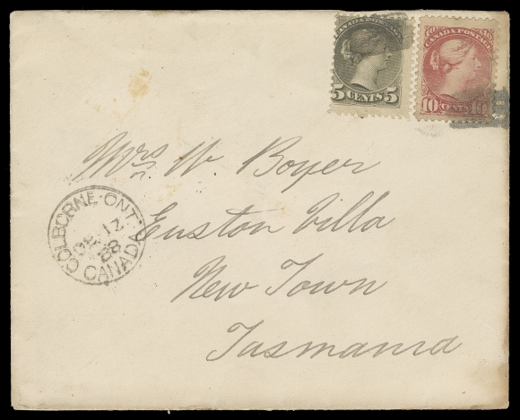 CANADA  Tasmania,1888 (December 17) Cover to New Town, Tasmania (Australia) paying the then current 15 cent Non-UPU letter rate in effect until Dec. 31, 1888 before the rate was reduced to 12 cent per half ounce, franked with single 5c olive grey & 10c lilac rose late Montreal printings perf 12, cancelled by corks, Colbourne, Ont. CDS dispatch at left; on reverse Kingston, Windsor, two San Francisco transit along with Launceston and New Town FE 15 receivers, hint of toning at right edge of the cover. A very scarce Small Queen cover to the Colony of Tasmania (one of only two known bearing a single 10c + 5c) F-VF (Unitrade 38, 40i)Provenance: George Arfken, May 1997; Lot 1235                    Literature: Illustrated and discussed in Arfken "Canada