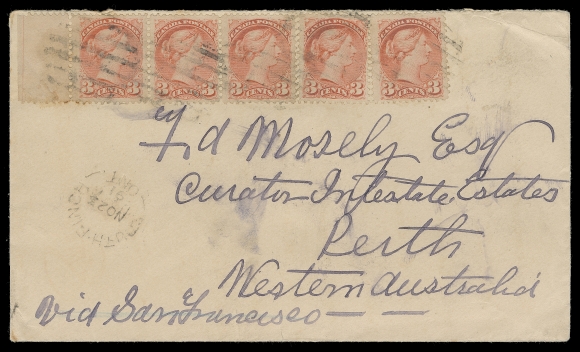 CANADA  Western Australia,1891 (November 23) Cover with intact red wax seal on reverse mailed to Perth, Western Australia, bearing an impressive sheet margin strip of three plus two single 3c pale vermilion shade Ottawa printing perf 12, tied by light grid cancels; South Finch split ring dispatch; on reverse Wales, Hamilton and Windsor transits and Western Australia TPO JA 9 1892 arrival marking. A rare Small Queen destination cover - the Colony of Western Australia being absent from both the Arfken & Menich collections, F-VF (Unitrade 41)Although postal rates to the Australian States were reduced to 5 cent per ounce starting October 1st, 1891, via England or the US, this cover offers two plausible scenarios: 1) franked with 15 cent not knowing that rate had been reduced the previous month. Since the cover has no San Francisco transit markings, despite the annotation "via San Francisco", this cover was quite likely routed via the United Kingdom; or 2) properly rated as triple weight UPU letter (at 5 cent per half ounce).