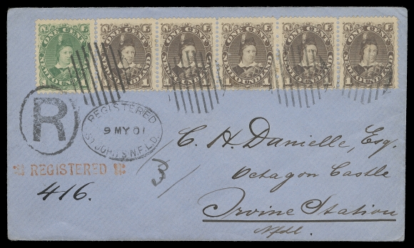 NEWFOUNDLAND  45a, 43,1901 (May 9) Blue cover in clean condition bearing Prince of Wales BABN printings 1c yellow green single and 1c brown strip of five, all neatly tied by oval grids, oval "R" handstamp further ties 1c green stamp, oval Registered St. John