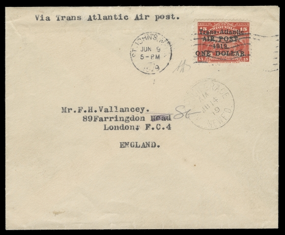 NEWFOUNDLAND  1919 (June 9) Cover endorsed "via Trans Atlantic Air post" bearing a well centered $1 on 15c scarlet tied by St. John