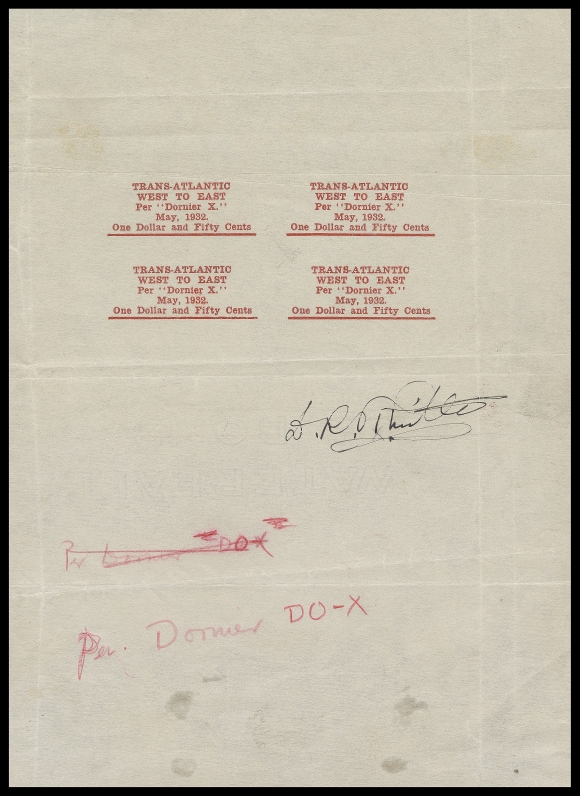 NEWFOUNDLAND  C12,Five-line airmail surcharge setting of four typeset in red on wove paper, measuring 162 x 222mm - the first impression essay with third line reading Per "Dornier X." instead of Per Dornier DO-X as on the issued airmail stamp; red crayon annotation of the required modification clearly on display at foot and signed D.R. Thistle, the King