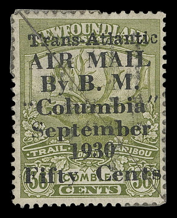 NEWFOUNDLAND FAKES AND FORGERIES  An excellent fake of the airmail overprint - jet black ink and somewhat blurry impression; stamp bisected to avoid resurfacing in a future collection. Ideal reference.