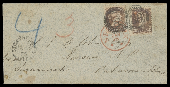 CANADA  Bahamas,1876 (January 6) Bluish cover franked with two Montreal printing 3c red perf 11½, oxidized colour, tied by rare four-ring 