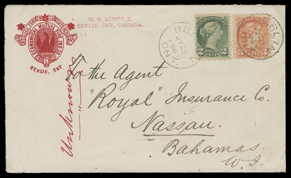 CANADA  Bahamas,1896 (July 20) Economical Mutual Fire Ins. Co. embossed advert cover bearing 2c green and 3c vermilion Ottawa printings perf 12 tied by clear Berlin, Ont. postmarks, New York transit and Nassau receiver backstamps, manuscript "unknown" and returned, entering Dead Letter Office with three different DLO backstamps; a very scarce advertising cover to the British Caribbean, VF (Unitrade 36i, 41)