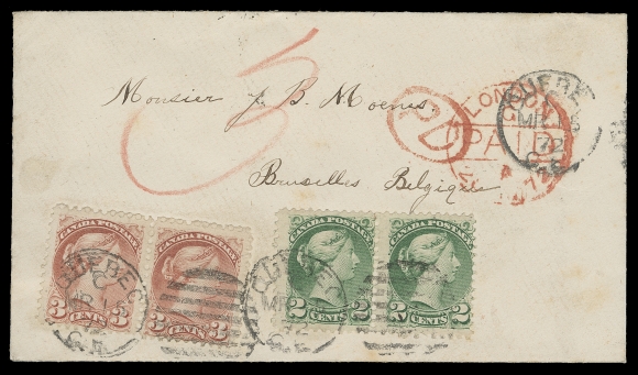 CANADA  Belgium,1872 (March 15) Small cover in pristine condition with remarkable appeal, addressed to Brussels and attractively franked at foot with First Ottawa printing pairs of 2c emerald green and 3c rose red perf 12 tied by Quebec MR 11 72 duplex, third strike at top along with London Paid 20 MR 72 transit CDS in red, oval "PD" handstamp and red crayon "3" for British claim, Bruxelles 29 MARS 72 transit CDS on back. A superb cover in all respects, paying a pre-UPU 10 cent letter rate to Belgium, XF (Unitrade 36 early printing, 37a)CERTAINLY ONE OF THE FINEST AND EARLIEST PRE-UPU COVERS TO BELGIUM. IT IS INTERESTING TO NOTE THAT THE EARLIEST RECORDED DATE OF A TWO CENT SMALL QUEEN ON A COVER (ADDRESSED DOMESTICALLY OR OUTSIDE BORDERS) IS MARCH 11, 1872.