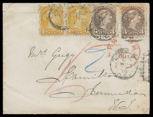 CANADA  Bermuda,1875 (December 23) Small cover bearing Montreal printing perf 11½x12 - two each of 1c orange and 3c red (oxidized) tied by partly legible Quebec DE 23 75 duplex for the very rare 8 cent pre-UPU letter rate (effective October 1875) to Bermuda via New York, quite clear New York DEC 30 circular transit in red further ties the 3c stamps, red crayon "5" for US claim and blue crayon "4" for Bermuda 4p claim, couple small opening tears at top and negligible foxing, a very elusive pre-UPU cover routing via the US, F-VF; 2004 RPS of London cert. (Unitrade 35d, 37e) ex. Michael Rixon (November 2001; Lot 190)According to Brian Murphy census on Covers to Bermuda (BNA Topics Vol. 56 No. 4, Whole 481; pages 35-39), ONLY TWO COVERS WERE REPORTED paying the 8 cent pre-UPU rate, one of which pays the rate with a similar franking. The cover offered here is a third unreported example. 