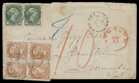CANADA  Bermuda,1876 (January 10) Double weight letter from Quebec to Hamilton, Bermuda, opening tears and slight ageing, remarkably franked with Montreal printings pair of 2c deep green and block of 3c red, minor flaws due to placement, cancelled by light Quebec split rings showing indicia year date error reading "00"; likely postmarked in 1876 or 1877 as stamps are perf 11½x12; also the then current 8 cent single weight letter rate via New York was in effect from October 1875 to end of July 1878. New York circular transit in red, red crayon "10" for US claim and blue crayon "4" for 4p Bermuda claim. Despite the imperfections, an exceedingly rare pre-UPU double weight letter routing via the US, short-lived effective from October 1875 to end of July 1878, Fine (Unitrade 36e, 37e)Provenance: Ted Nixon, Eastern Auctions, March 2012; Lot 175According to Brian Murphy census on Covers to Bermuda (BNA Topics Vol. 56 No. 4, Whole 481; pages 35-39) ONLY THREE COVERS EXIST of the 16 cent pre-UPU rate - this being a UNIQUE franking.