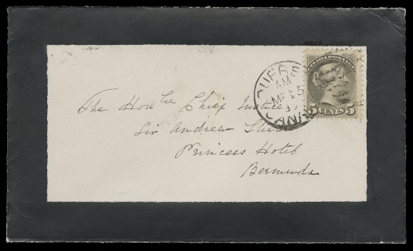 CANADA  Bermuda,1889 (March 25) Mourning cover in pristine condition along with intact black wax seal on reverse, bearing a single 5c brownish grey Ottawa printing perf 12 tied by Quebec duplex, pays the 5 cent UPU letter rate to Bermuda with clear Hamilton MR 31 89 CDS receiver on back. Certainly the nicest and cleanest Small Queen UPU cover to Bermuda one can hope to find, XF (Unitrade 42) ex. S.J. Menich (June 2000; Lot 97)