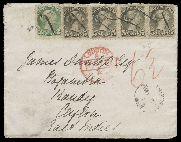 CANADA  Ceylon,1877 (May 31) White cover in an excellent state of preservation, mailed from South Zorra, Ontario to Kandy, Ceylon, British East Indies, franked with Montreal printings consisting of an impressive horizontal strip of four of 5c slate green perf 11½x12 and a 2c green perf 12, pen cancelled, South Zorra split ring dispatch at right, London Paid 15 JU 78, clear backstamps of Woodstock and Hamilton JU 1 78, along with Kandy JY 25 Paid CDS receiver, manuscript "6½" in red crayon denoting British claim. A rare and impressive 22c pre-UPU cover to Ceylon paying the 20c letter rate via the Brindisi route (effective April 1877) and 2c Cunard Surtax for mail via New York, VF (Unitrade 36, 38a)Expertization: 2005 RPS of London certificateProvenance: Claude Dagenais, Harmers SA, May 2005; Lot 285