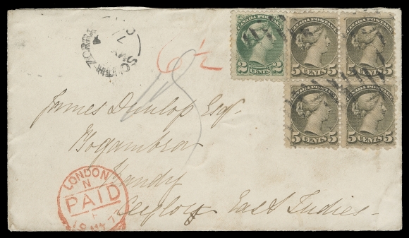 CANADA  Ceylon,1877 (May 4) An exceptional cover to Ceylon, bearing a rarely  seen usage of a 5c Small Queen block of four alongside a single  2c green, all Montreal printings, 5c is perf 11½x12, 2c perf 12, cancelled by mute grids, clear South Zorra MY 4 77 split ring  dispatch, neat red London Paid 19 MY 77 transit at left, red  crayon "6½" marking indicates British claim; on reverse Woodstock MY 5, Hamilton MY 5 77 split ring transits and red Kandy JU10 77 CDS backstamps. Of the ten pre-UPU covers to Ceylon, this is the only one bearing a block of the 5 cent Small Queen. A glorious  exhibit-caliber cover paying the 20c letter rate via the Brindisi route, in effect from April 1877 to end of July 1878, plus 2c Cunard Surtax for mail via New York, VF (Unitrade 36, 38a)The addressee, James Dunlop, was an engineer employed by John  Walker & Co., their expertise included coffee pulping equipment.