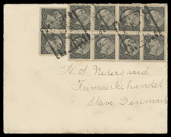 CANADA  Denmark,1896 (March 2) Clean cover to Denmark with a nicely centered block of eight and pair of ½c black Ottawa printing perf 12, tied by Toronto / 4 / MR 2 / 96 squared circles; transits London MR 12 CDS in red and Skive 13.3.96 CDS receiver; although a fair amount of mail to Denmark is franked with multiples of the half cent Small Queen, however this one is unusually fresh, VF (Unitrade 34)
