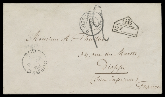 CANADA  France,1873 (June 6) Superb cover with French Consulate in North America diplomatic handstamp on reverse, mailed unpaid from Quebec to Dieppe, France, clear split ring dispatch, via England with GB 2F accountancy marking, rated "12" handstamp for 12 decimes (24 cent) to collect from the recipient, Calais transit and Dieppe 19 JUIN arrival CDS postmarks; a great cover, XF; ex. S.J. Menich (June 2000; Lot 767)If the letter had been sent prepaid, it would have been 16 cent per Canadian Packet or 18 cent via New York by Cunard Packet.
