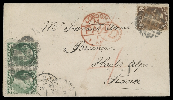 CANADA  France,1874 (March 20) Small cover to France, bearing Montreal printing 2c green pair and a 6c yellow brown, all perf 11½x12, tied by well-defined geometric fancy cancels of Ottawa with part of split ring dispatch at foot, London Paid 1 AP CDS, red oval "PD" handstamp and red crayon "4" for British claim, all three markings in red, Paris and Briançon receiver backstamps. Right 2c with pinhole from a staple, part of backflap missing, a fabulous cover with great eye-appeal, VF (Unitrade 36e, 39b)A lovely and seldom seen correctly prepaid Ten cent pre-UPU letter rate to France - for a letter not exceeding a quarter ounce, via Canadian Packet effective October 1870 to December 1875. From January 1876 until Canada joined the UPU on August 1st, 1878, the letter rate was Ten cents per half ounce.