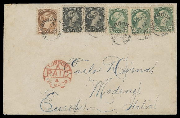 CANADA  Italy,1879 (March 12) A large folded envelope representing an early double UPU letter rate to Modena, Italy, its rarity further accentuated with a mixed-issue Large & Small Queen franking consisting of Large Queen Half cent black perf 12 pair plus Small Queen 2c green, three singles and a 3c red, all Montreal printings perf 11½x12, unusually tied by Millbrook split ring dispatch, neat Montreal MR 13 79 split ring transit on back, clear London PAID 26 MR 79 circular transit in red, light Modena 28 / 3 79 arrival CDS struck on reverse; small tears at top away from stamps. One of the very few instances, showing in-period usage of both Large and Small Queen stamps used together during the UPU era (post August 1st, 1878) and especially desirable to a Foreign destination, most striking, F-VF (Unitrade 21, 36e, 37e)The Half cent Small Queen stamp was only issued late October 1881 - earliest known usage being October 23, 1882.