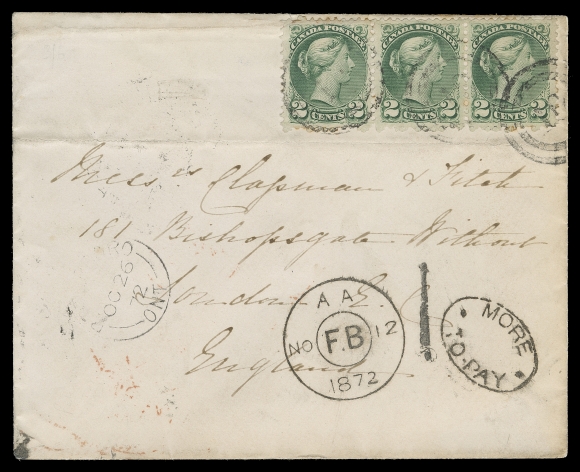 CANADA  United Kingdom,1872 (October 26) Cover from Peterboro, Ont. to England, bearing strip of three of First Ottawa printing 2c emerald green perf 12, barely discernible perf flaws, tied by light two-ring 