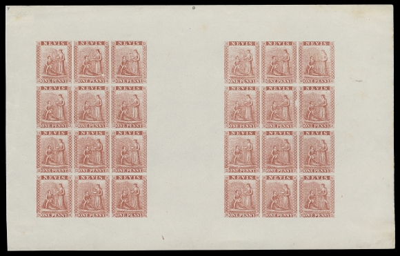 NEVIS  14A,Compound plate proofs by Nissen and Parker, London - two different transfers in sheets of twelve, lithographed on white vertical mesh wove paper, ungummed and in an excellent state of preservation, VF (SG 17)Two very distinctive Transfer flaws are featured:     Left-pane Pos. 2 with large colourless flaw above "NY" of PENNY.     Right-pane Pos. 5 with printing flaw at right side of design.