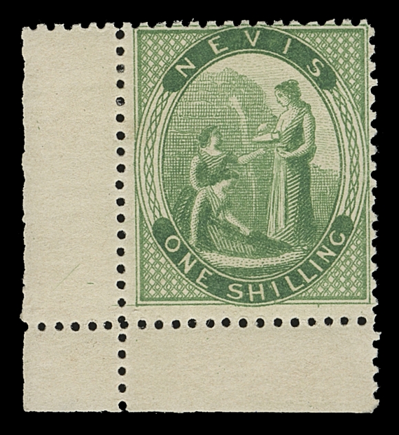 NEVIS  11,A superb mint corner margin single with deep radiant colour and unusually full original gum showing only the barest trace of hinging, a great stamp, VF VLH (SG 14 £850+) ex. Lawrence Kimball (March 1962; Lot 432)