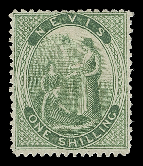 NEVIS  11var.,A selected unused example displaying the very distinctive constant plate variety "Crossed Lines on Hill" (Pos. 9 in the sheetlet of 12 subjects), bright colour on fresh paper, seldom seen in such nice quality, VF (SG 14b £3,500)