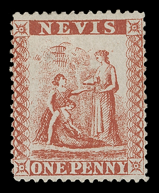 NEVIS  14Avar.,Mint single showing the Retouched variety with top of hill re-drawn - Pos. 1 (from an unknown Lithograph Transfer sheet), the so-called "herring bone"  variety with five thick lines visible above kneeling figure, Fine part OG (SG 17 Plate Retouch i; £150+)