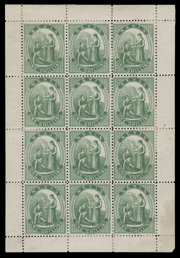 NEVIS 17a,A beautiful and appealing intact sheetlet of 12, very well centered for this notoriously difficult issue, shows the corrected, now removed "Cross on Hill" at Position 9 (this plate repair can only be found shortly after the deep green printing circa. 1878-1879 commenced); full original gum hinged, Pos. 5 & 8 NEVER HINGED, very scarce, VF (SG 21)