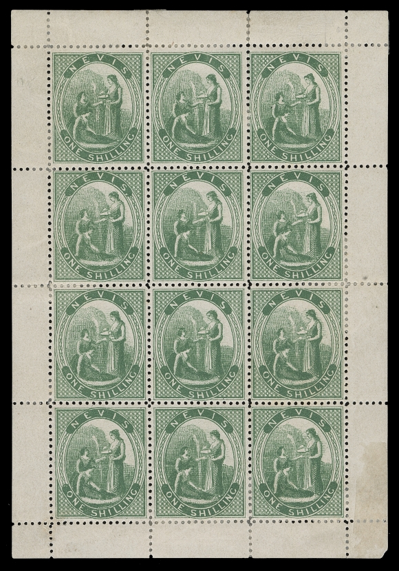 NEVIS  17a,A beautiful and appealing intact sheetlet of 12, very well centered for this notoriously difficult issue, shows the corrected, now removed "Cross on Hill" at Position 9 (this plate repair can only be found shortly after the deep green printing circa. 1878-1879 commenced); full original gum hinged, Pos. 5 & 8 NEVER HINGED, very scarce, VF (SG 21)