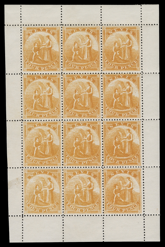 NEVIS  15,A superb mint sheetlet in lovely condition, well centered with intact margins all around, light hinging in selvedge and lower corner stamps leaving ten stamps NEVER HINGED. Rarely offered intact and in such premium quality, VF VLH (SG 18) ex. Dale-Lichtenstein (September 1990; Lot 268)